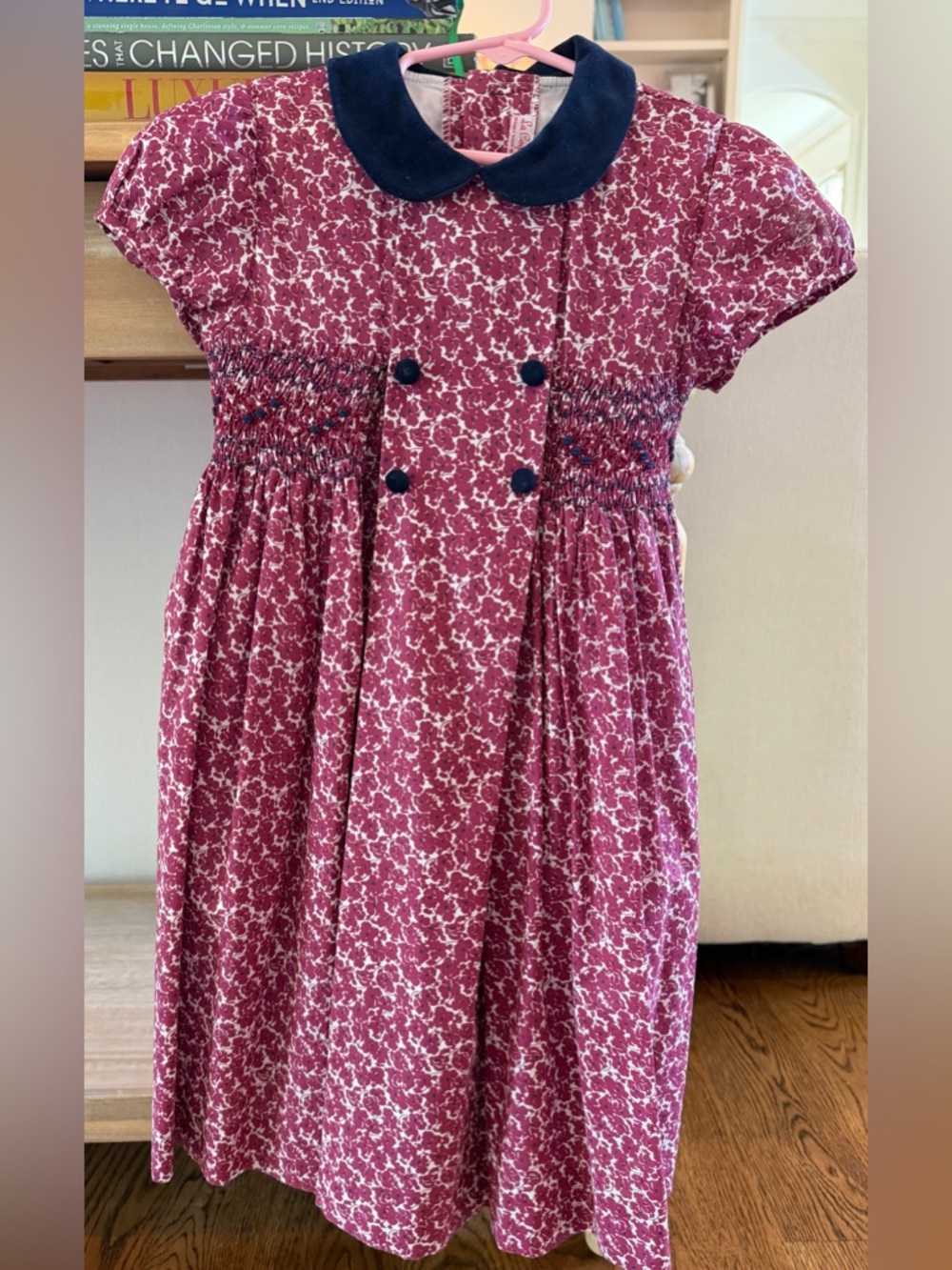 La Coqueta Raspberry & Navy Floral Smocked Dress with Navy Collar 100% Cotton 6